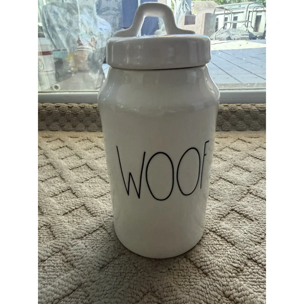 Rae Dunn WOOF Farmhouse Ceramic Pet Dog Treat Canister W/Lid